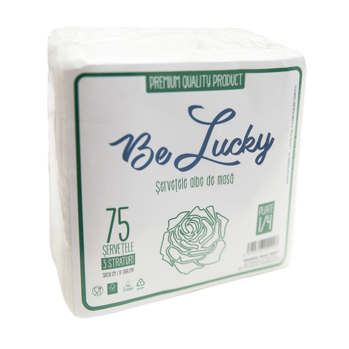 Servetele albe de masa, 38 cm - 3 straturi, patrate, 75 buc/pac, Gama Be Lucky.