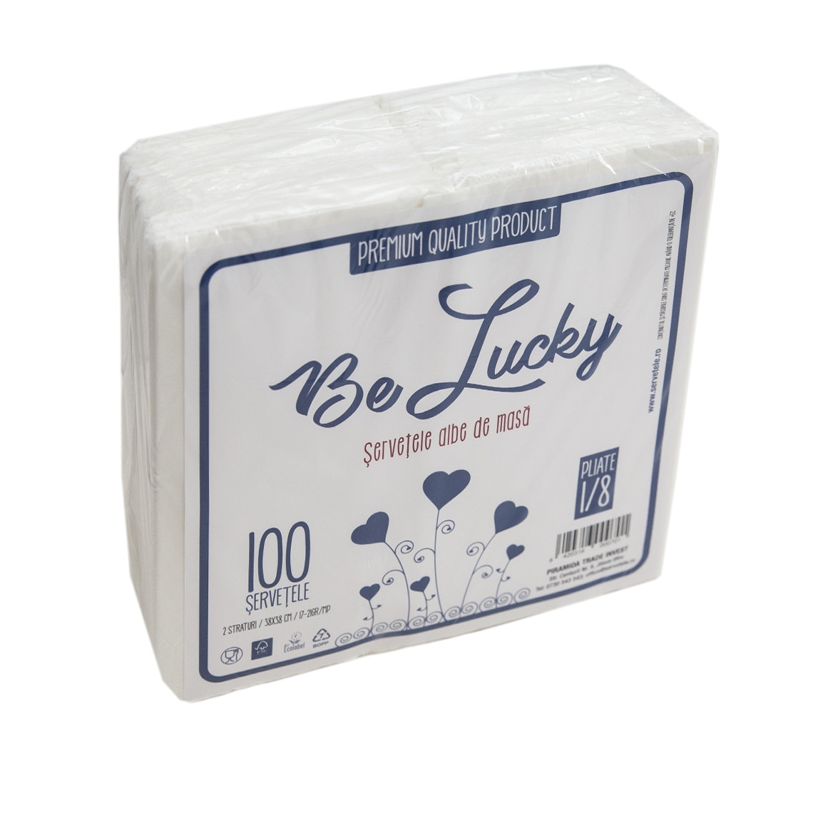 Servetele albe de masa, 38 cm - 2 straturi, pliate 1/8, 100 buc/pac, Gama Be Lucky.