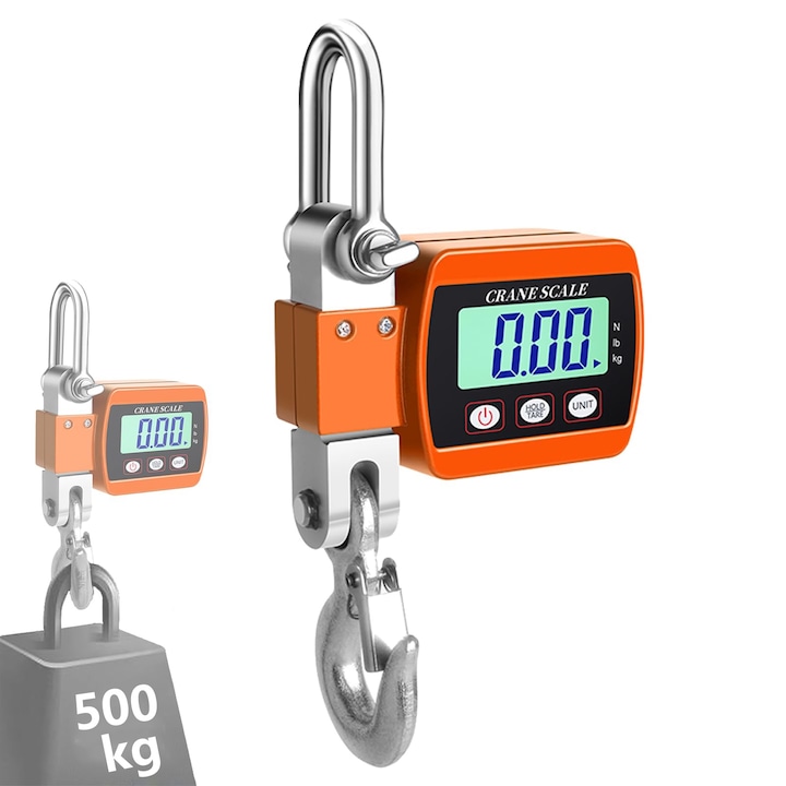 Cantar electronic comercial, cantar pentru macara rezistenta 500 kg LCD cu iluminare de fundal cu 3 unitati de schimbare/tara/zero pentru vanatoare de cladiri de fabrici de constructii, WALALLA, portocaliu, afisaj LCD iluminat