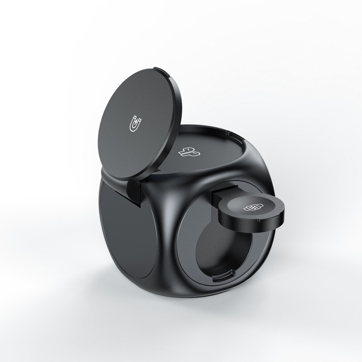 3 az 1-ben Cube MagSafe mágneses vezeték nélküli töltő, 15 W, gyorstöltés, összecsukható, fejhallgató, Applewatch, fekete