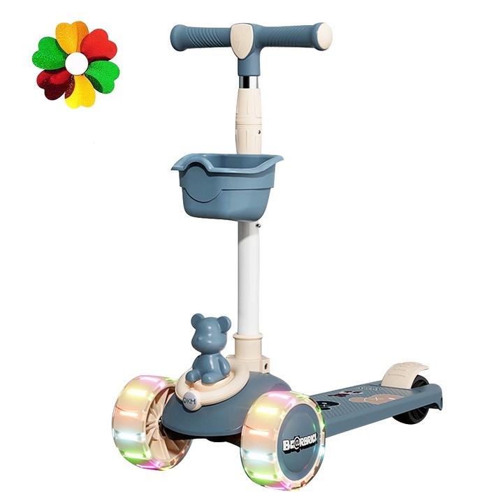 Trotineta pentru copii, Autocise, 3 inaltimi ajustabile, design pliabil, roti LED, albastra, 56x24x64cm