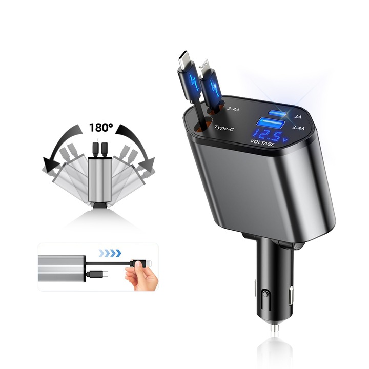 4 az 1-ben autós töltő, 120 W-os szupergyors töltés, Type-C + iOS visszahúzható kábel és 2 USB port 2.4A, Type-C 3A, fejlett chip technológia, LED kijelző, 180°-os elforgatás, univerzális, kompatibilis iPhone, Samsung, Huawei , kompakt kialakítás