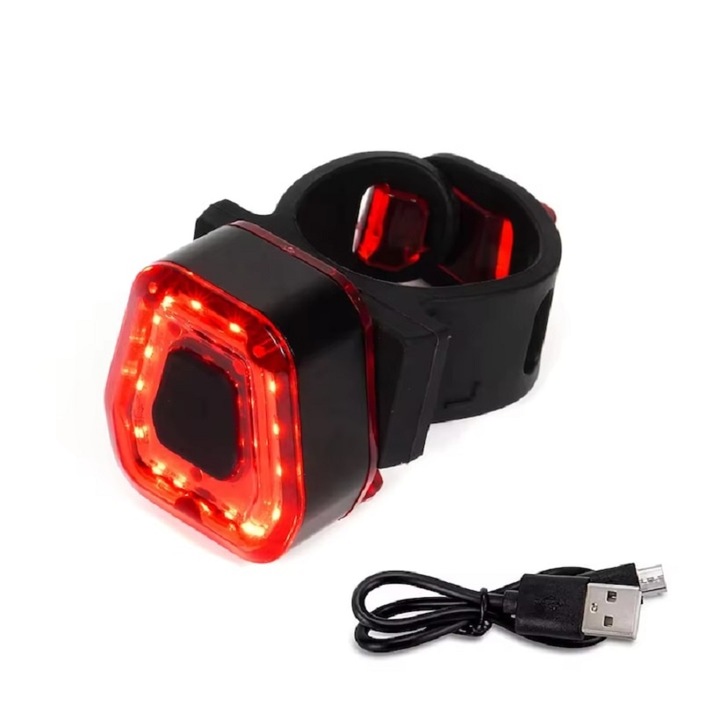 Lampa LED bicicleta, KOTYS®, lumina rosie, montare in spate, raza pana la 200 m, IPX4, incarcare micro USB, 5 moduri de functionare, Negru