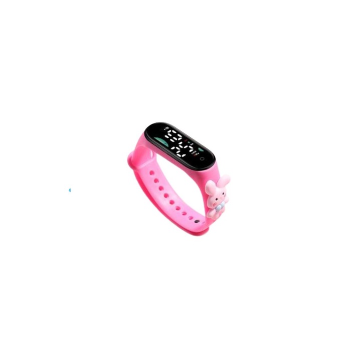 Часовник за деца, с нетоксична силиконова гривна, вградена батерия, дигитален циферблат, водоустойчив, модел заек с панделка, розов