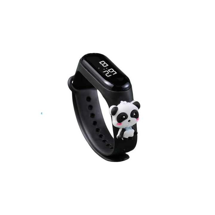 Ceas pentru Copii, cu bratara din silicon Nontoxic, baterie integrata, Cadran digital, Waterproof, model Panda, Negru