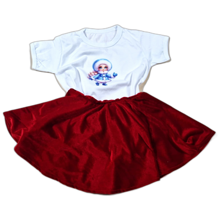 Set Compleu copii cu 2 piese, Frozen, fusta catifea elastica rosie