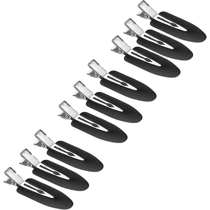 Set 9 Clips de par, din plastic si otel inoxidabil, design fara dinti, Negre