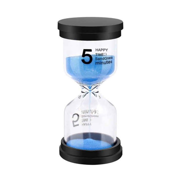 Timer de nisip 5 minute, design din sticla si acrilic, albastru, pentru copii, bucatarie, jocuri, birou