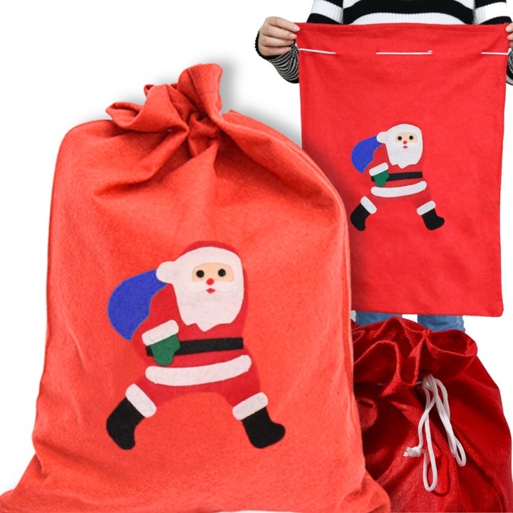 Sac De Cadouri, Openhome, Material Durabil Din Pasla, Motiv Mos Craciun, Reutilizabil, 40x60 cm, Pasla, Rosu