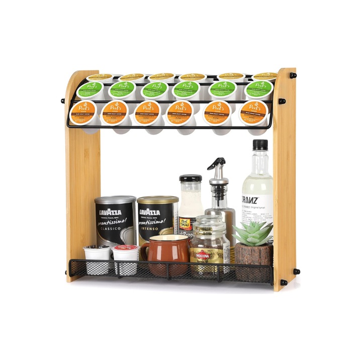 Suport capsule de cafea Nespresso, Kyrilali, cu doua rafturi, din metal si bambus, culoare natur si negru