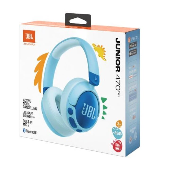Casti Over-Ear JBL JR 470NC, Wireless, Bluetooth, Noise Cancelling si microfon incorporat, Autonomie 20/29h, Albastru