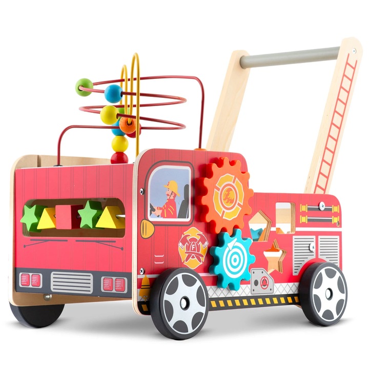 Premergator pentru copii DacEnergy© din lemn, cu activitati Montessori de joaca, roti stabile, pivotante, maner, model masina de pompieri, 48 x 27.5 x 40.5 cm, rosu