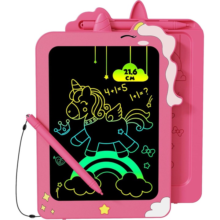 Tableta Digitala de Scris si Desenat Elindor® 8.5 Inch, Ecran LCD, Jucarie Educativa pentru Copii, Ecran Colorat, Functie de Stergere, Usoara si Portabila, Cadouri Baieti si Fete, Stilou Inclus, Functionare cu Baterie Inlocuibila, Roz
