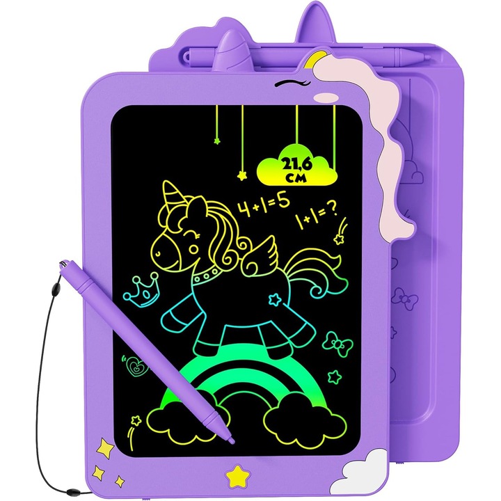 Tableta Digitala de Scris si Desenat Elindor® 8.5 Inch, Ecran LCD, Jucarie Educativa pentru Copii, Ecran Colorat, Functie de Stergere, Usoara si Portabila, Cadouri Baieti si Fete, Stilou Inclus, Functionare cu Baterie Inlocuibila, Mov