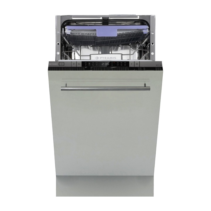 Masina de spalat vase incorporabila Pyramis Premium 45FI HE, 10 seturi, 8 programe, touch control, panou comanda inox, clasa D, indicator podea, deschidere automata a usii, cuva iluminata, 45cm