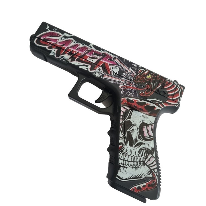 Pistol de jucarie tip Glock, cu laser detasabil, incarcare manuala, 18 cm, bile de gel orbeez, 14+, culoare Negru Rosu