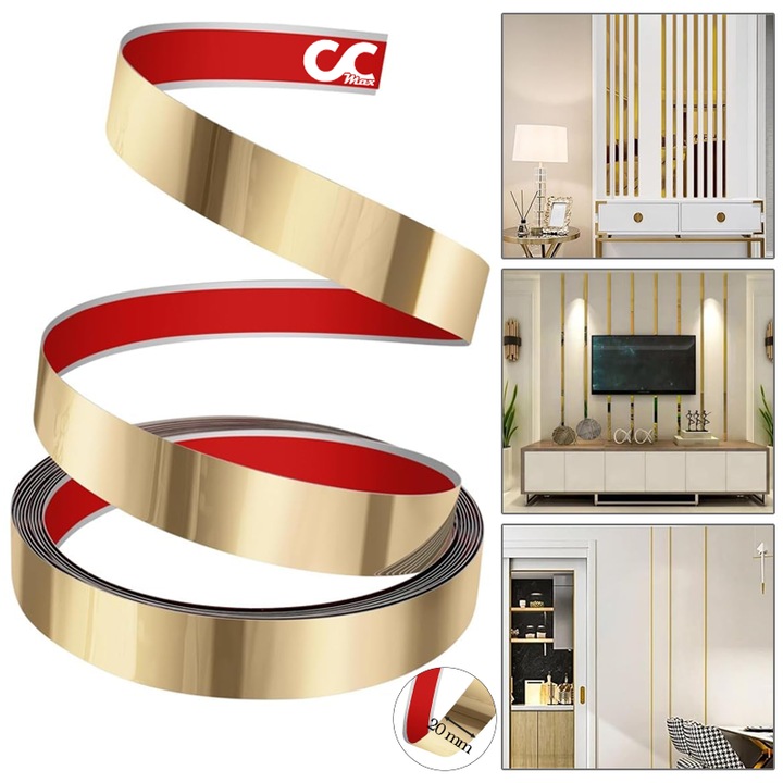 CCmax самозалепваща лента за декорация с ширина 2 см от неръждаема стомана тип 201, покрита с PVD с огледален ефект, водоустойчива за стени и мебели, дължина 5 м, златиста