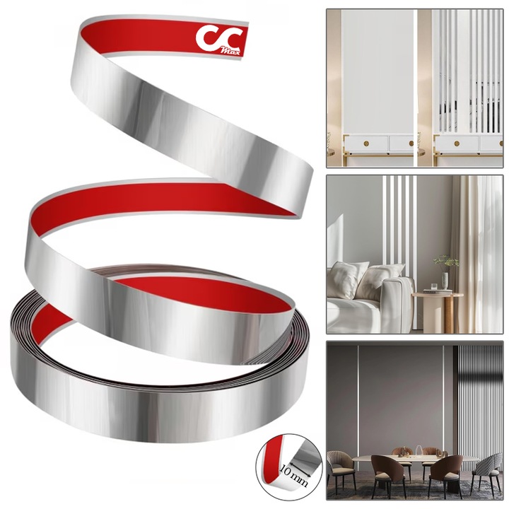Banda Adeziva Decorativa Argintie CCmax Lata de 1 cm din Otel tip 201 Inoxidabil Acoperit cu PVD cu Efect de Oglinda Rezistenta la Apa pentru Pereti si Mobila, lungime 5 m