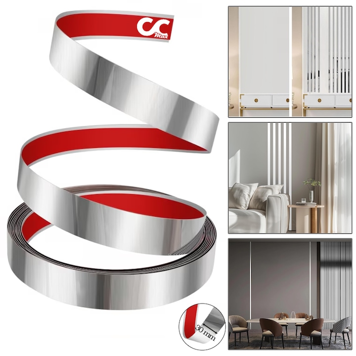Banda Adeziva Decorativa Argintie CCmax Lata de 3 cm din Otel tip 201 Inoxidabil Acoperit cu PVD cu Efect de Oglinda Rezistenta la Apa pentru Pereti si Mobila, lungime 5 m