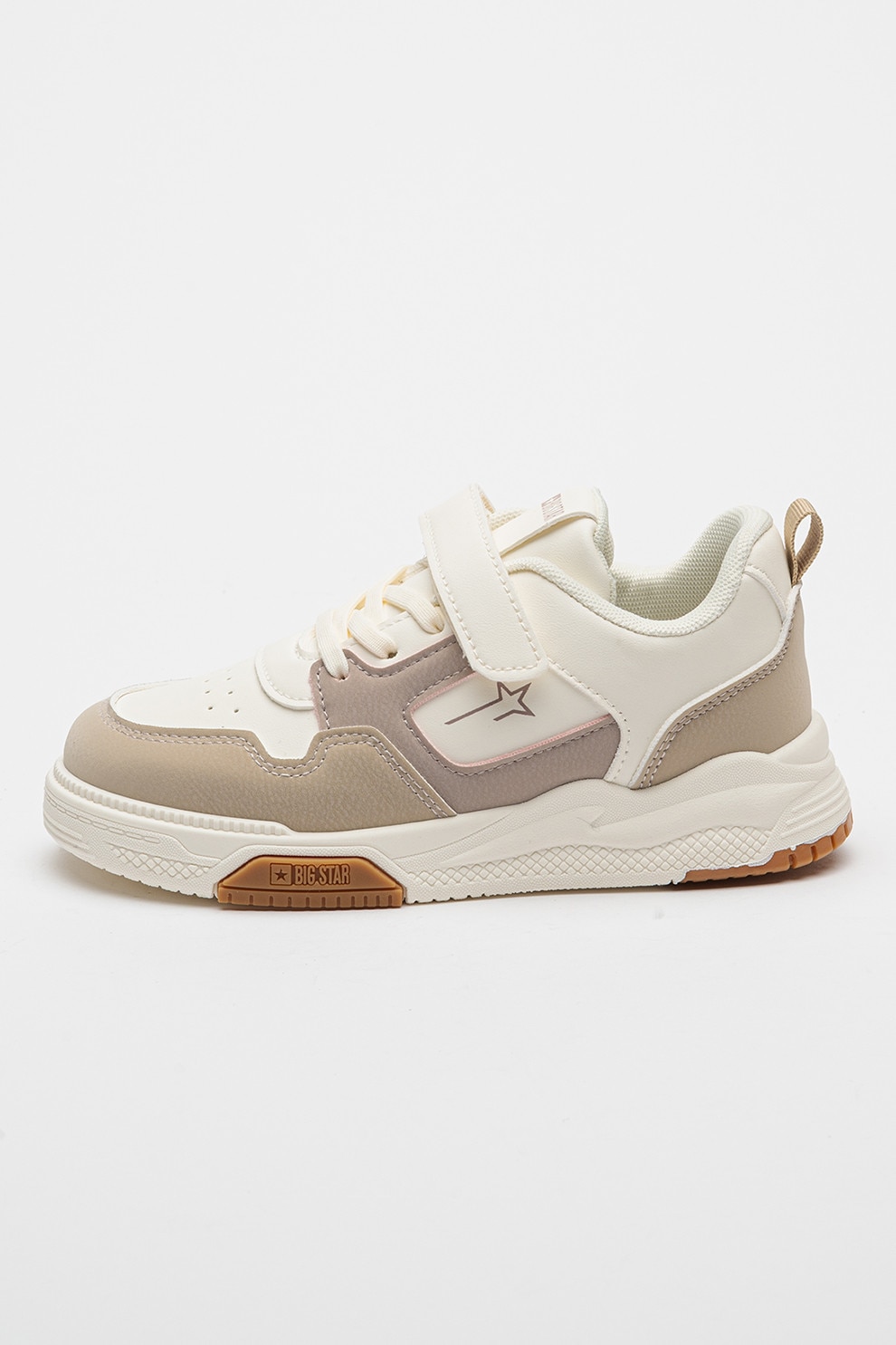 Big Star, Pantofi sport low-cut de piele ecologica, Maro taupe deschis, Alb murdar, 32 EU