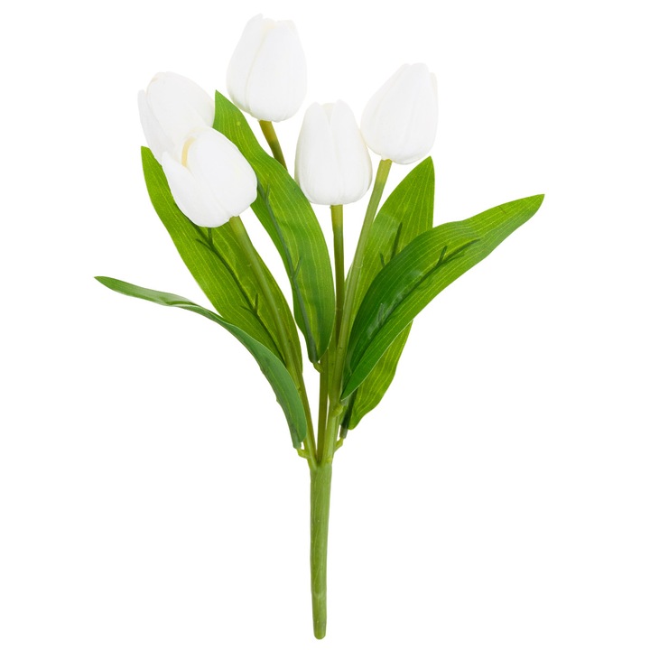 Buchet lalele artificiale, Spuma, Aspect realist, 30 cm, Alb / Verde