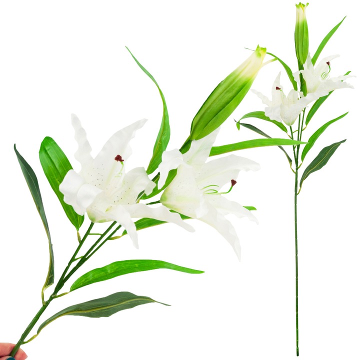Műnövény ág fehér liliom virágokkal, Luka, 3 darab, 84 cm, zöld