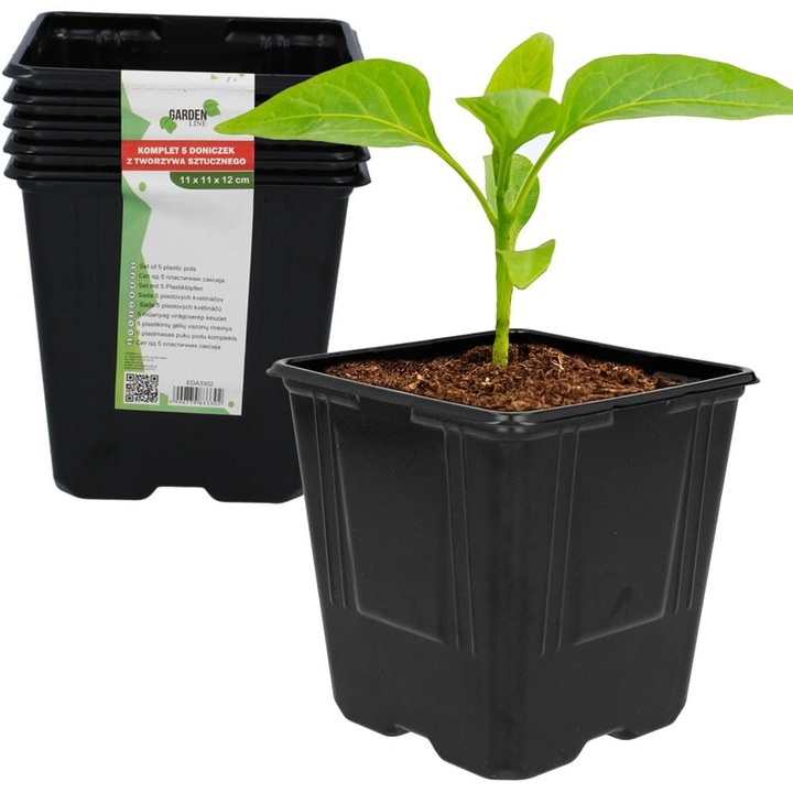 Ghivece pentru rasaduri, 11x11x11cm, set 5 bucati, plastic, cu drenaj