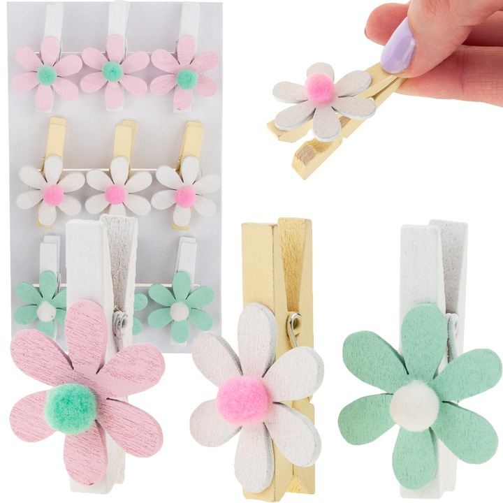 Set 9 Klamerki Decorative Mini din Lemn, Luka, Pastel, pentru Paste