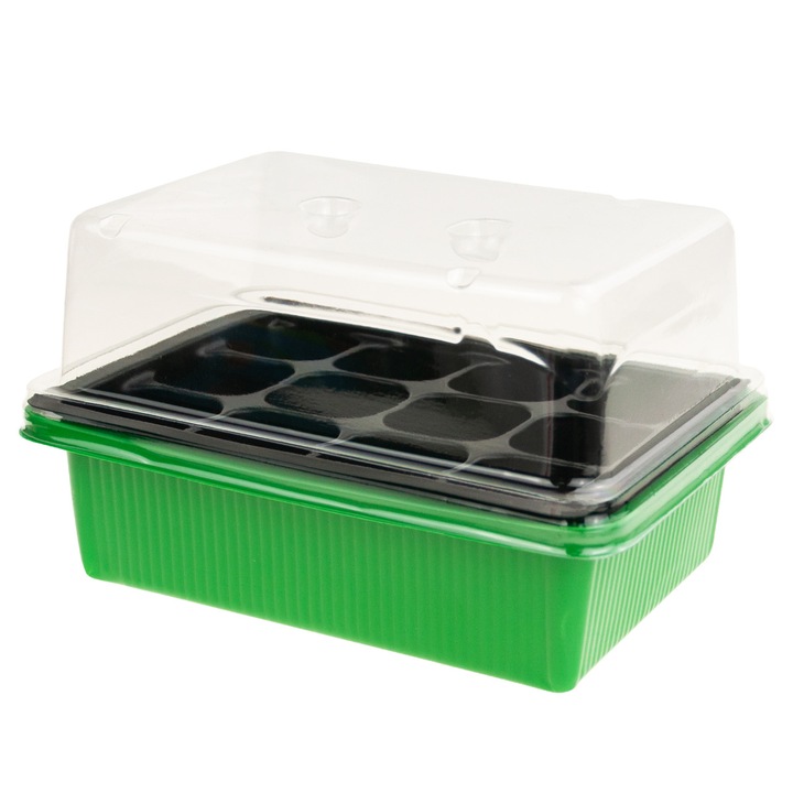 Germinator seminte, 12 compartimente, 19x14.5x7cm, cu capac transparent, verde