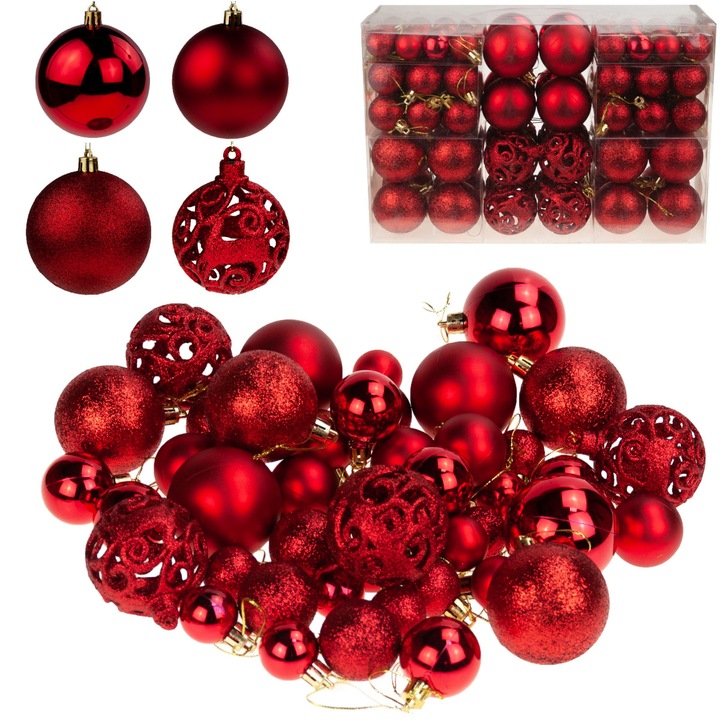 Set de 100 globuri de Craciun, plastic, rosii, diverse modele, 3-6cm
