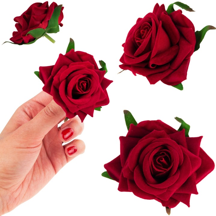 Roa artificiala rosie din velur, Luka, 6x5cm, usor de intretinut, ideala pentru decorari interioare