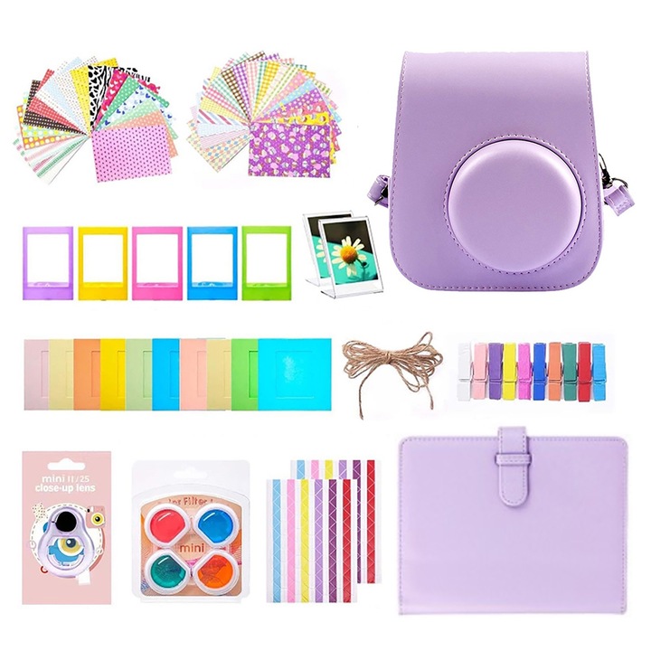 Set accesorii camera foto instant, Wacorresi, cu filtre colorate, oglinzi selfie, Carcasa/Rama Film/Autocolant cadru/Autocolante, Album de Spatiu pentru 64 de coli, pentru Instax Mini 12/11, Purpuriu