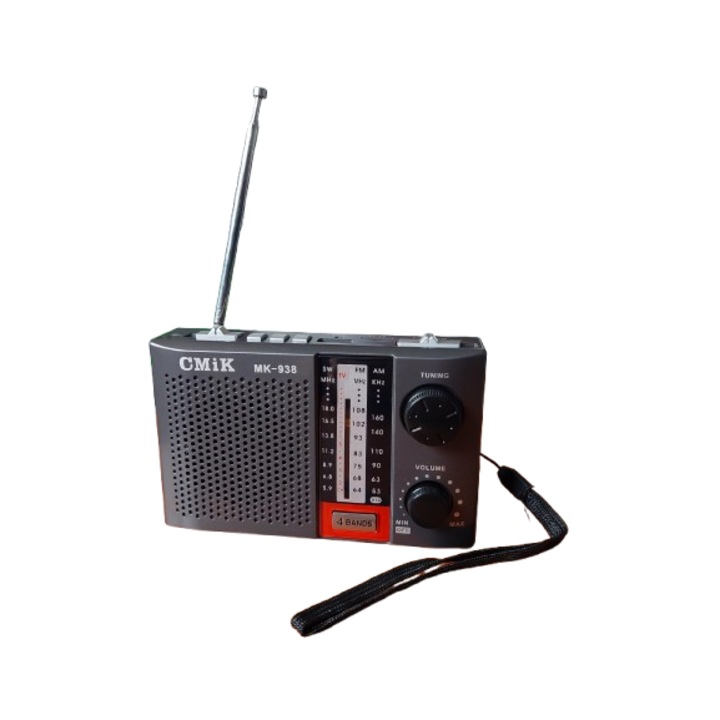 Radio portabil Cmik MK-938, FM/USB/MicroSD, lanterna LED, gri/negru, cu acumulator reincarcabil