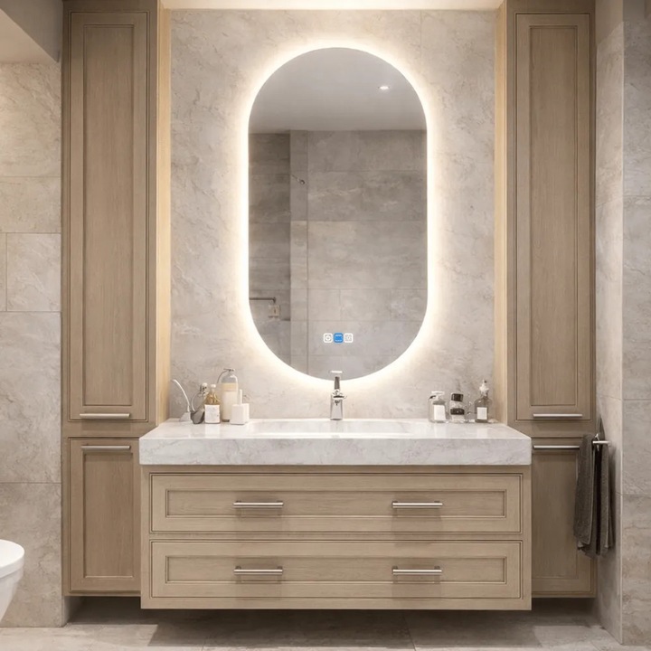 Oglinda LED 70x100 cm Ovala, LED 4000K Neutru, Butoane Tactile ON/OFF, Dimare, Functie Dezaburire 30-40° C - Reyze Gama Ambient