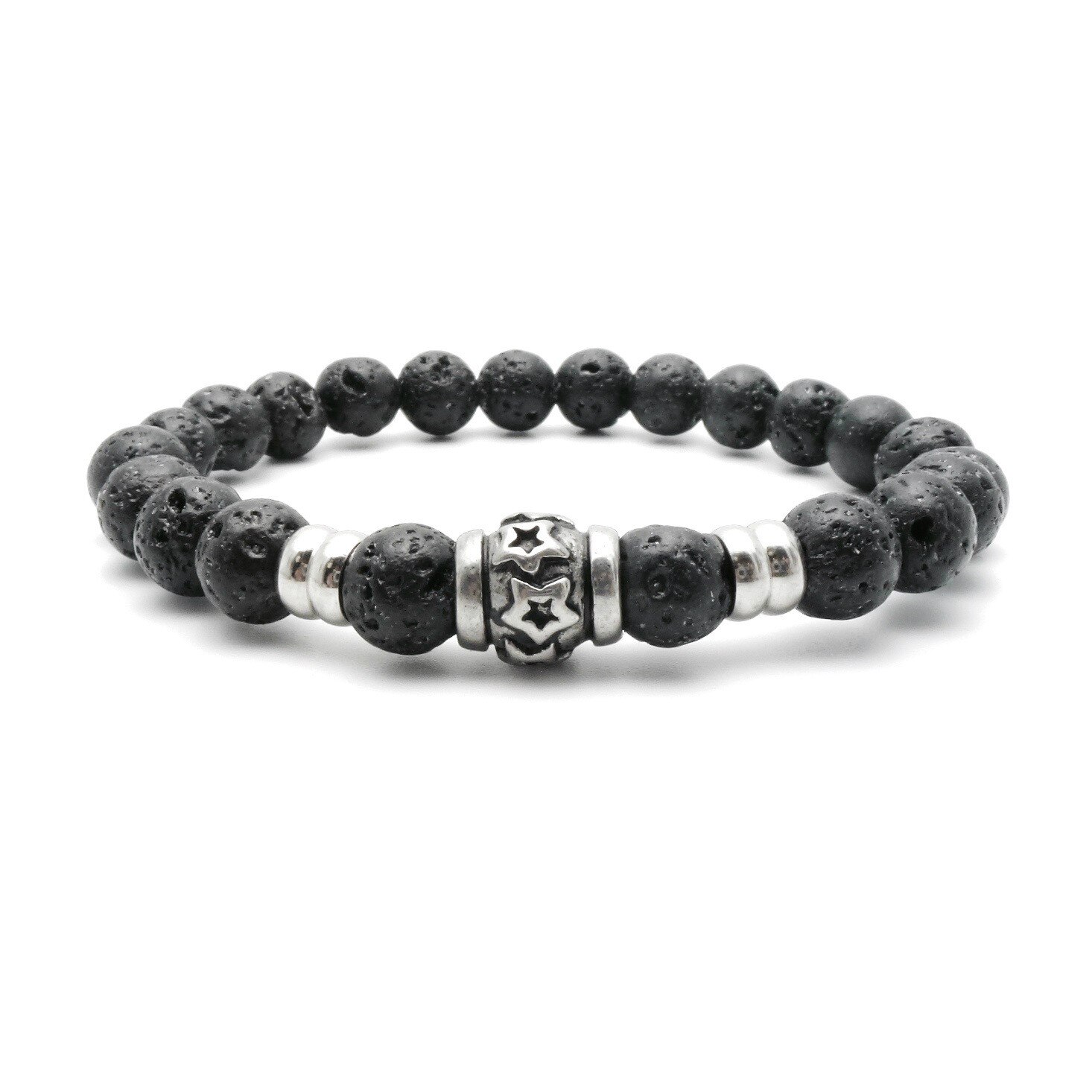 Bratara elastica Luxor Gioielli din pietre roca vulcanica si charm rotund cu stelute