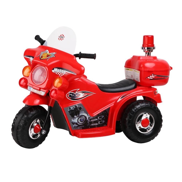 NOVOKIDS elektromos motorkerékpár gyerekeknek, akkumulátorral, motorsportokhoz, zenével és fényekkel, 3 kerék, piros