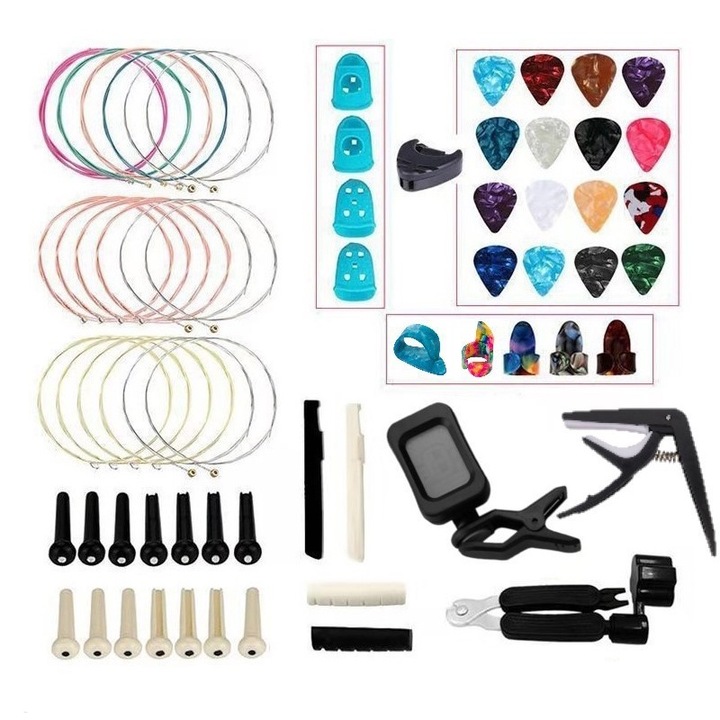 Set 65 accesorii pentru chitara, Fudisenn，Silicon/Otel/ABS, Parti pentru chitara, piulite pentru coarde, schimbatoare de coarde, accesorii pentru instrumente ciupite，Multicolor，24x16x4cm