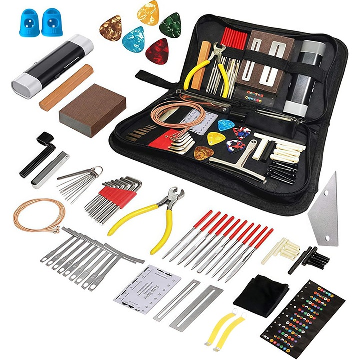 Instrumente de reparare chitara, 77 de piese de instrumente de intretinere chitara, accesorii de reparare chitara, Fudisenn, cu geanta de depozitare, inclusiv corzi de chitara, chitara electrica etc., potrivite pentru chitara electrica acustica, ukulele