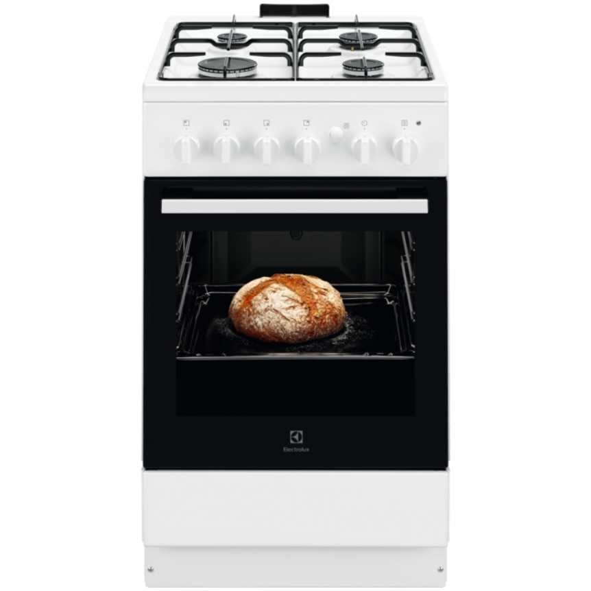 Aragaz Electrolux LKG504013W, Gaz, 4 arzatoare, Autocuratare Catalitica, Timer mecanic, Aprindere integrata plita si cuptor, Grill Electric, Rotisor, Iluminare cuptor, 50 cm, Alb