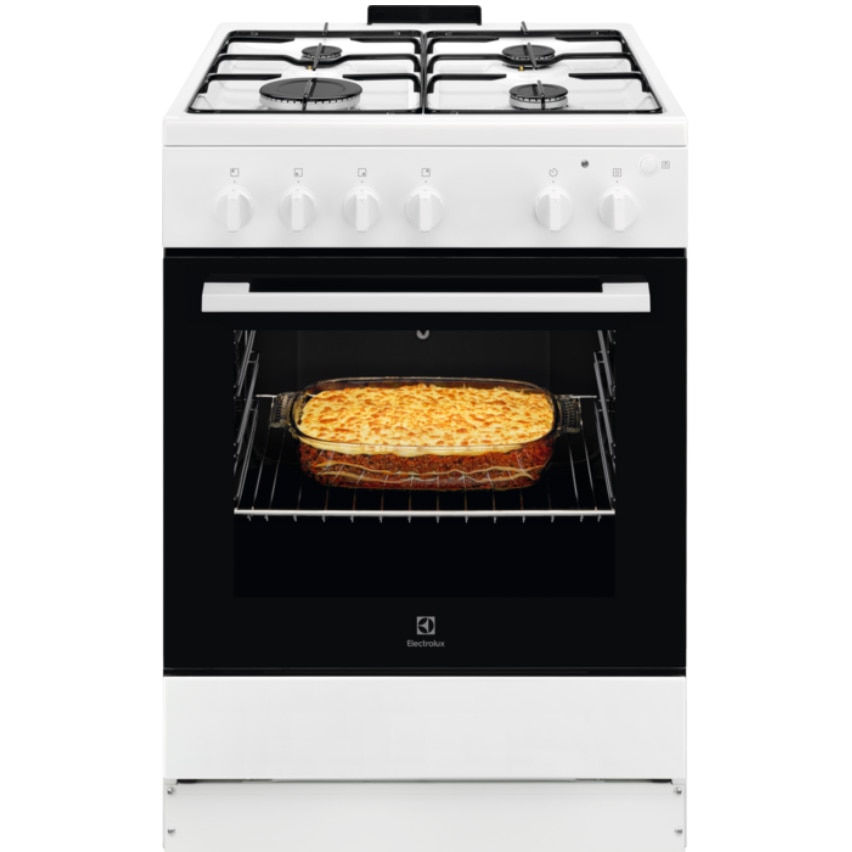 Aragaz Electrolux LKG604013W, Gaz, 4 arzatoare, Autocuratare Catalitica, Timer mecanic, Aprindere integrata plita si cuptor, Grill Electric, Rotisor, Iluminare cuptor, 60 cm, Alb