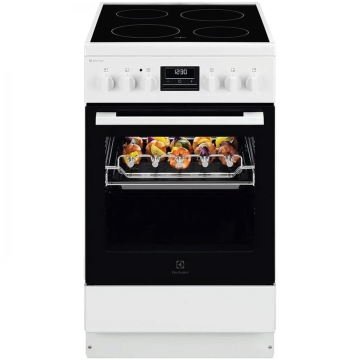 Готварска печка Electrolux LKR540267W, Електрическа, Стъклокерамика, 4 зони за готвене, Рафт за барбекю, Електронен таймер, Грил, Осветление на фурната, Клас А, 50 см, Бял
