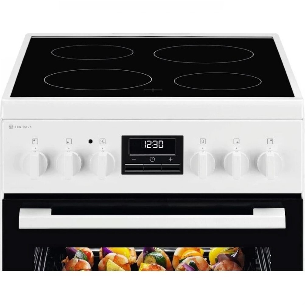 Aragaz Electrolux LKR540267W, Electric, Vitroceramica, 4 zone de gatit, Raft BBQ, Timer electronic, Grill, Iluminare cuptor, Clasa A, 50 cm, Alb