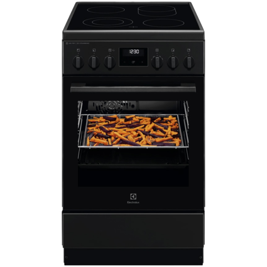 Aragaz Electrolux LKR564276K, Vitroceramica, 4 zone de gatit, SteamBake, Timer cu display electronic, Autocuratare catalitica, Iluminare cuptor, Grill, Clasa A, 50 cm, Negru mat