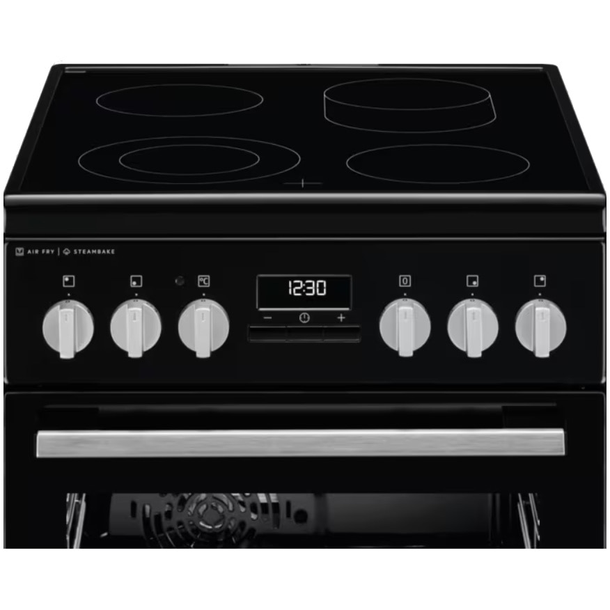 Aragaz Electrolux LKR564275K, Vitroceramica, 4 zone de gatit, SteamBake, Timer cu display electronic, Autocuratare catalitica, Iluminare cuptor, Grill, Clasa A, 50 cm, Negru