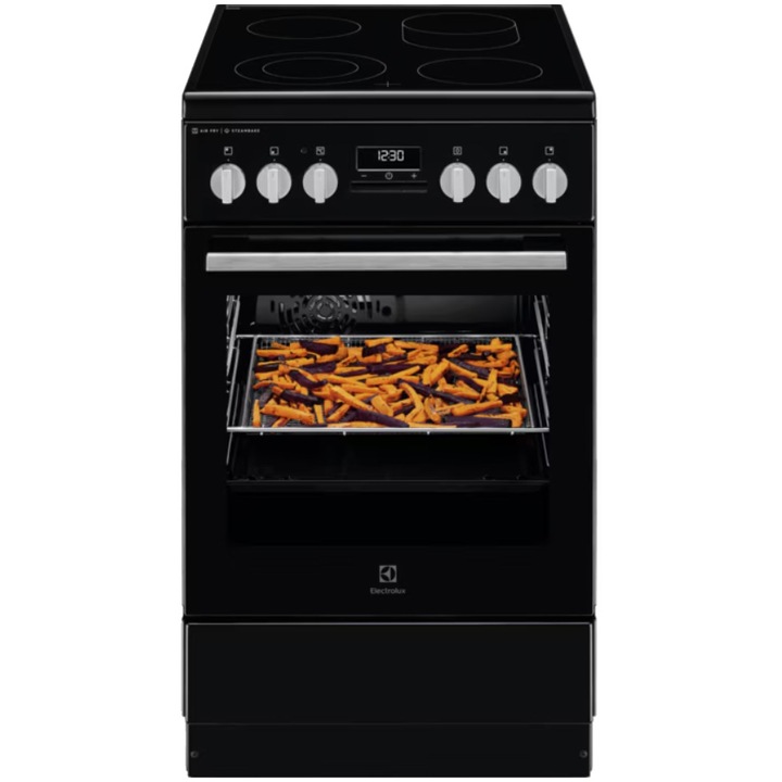 Готварска печка Electrolux LKR564275K, Стъклокерамика, 4 зони за готвене, SteamBake, Таймер с електронен дисплей, Каталитично самопочистване, Осветление на фурната, Грил, Клас А, 50 см, Черен
