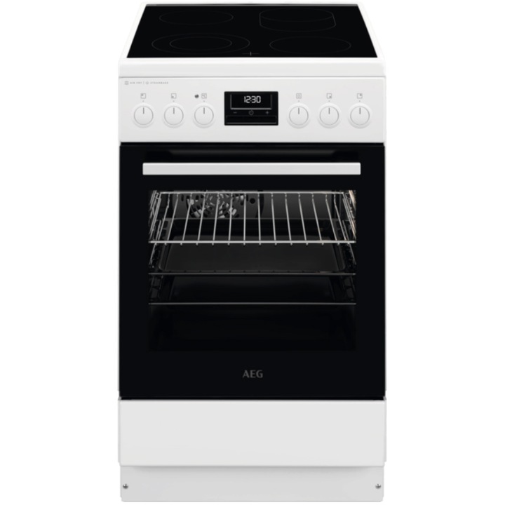 Готварска печка AEG CCB56491BW, Стъклокерамика, 4 зони за готвене, SteamBake, AirFry, Таймер с електронен дисплей, Грил, Клас А, 50 см, Бял