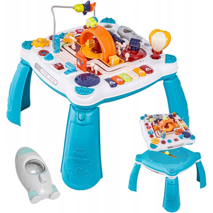 Masuta de Joaca si Activitati 2in1 Multifunctional InfinityPlay™ Mini Orga, Mini Racheta Detasabila, Vehicule, Balon care se Roteste 360°, Semafoare, Sunete si Lumini, Panou Secundar pentru Piese de Constructie, Blue