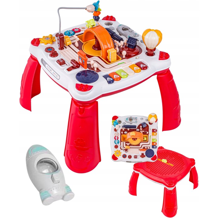 InfinityPlay™ 2в1 Многофункционална маса за игра и активност Мини орган, Подвижна мини ракета, Превозни средства, Въртящ се на 360° балон, Светофари, Звуци и светлини, Допълнителен панел за строителни части, Розов