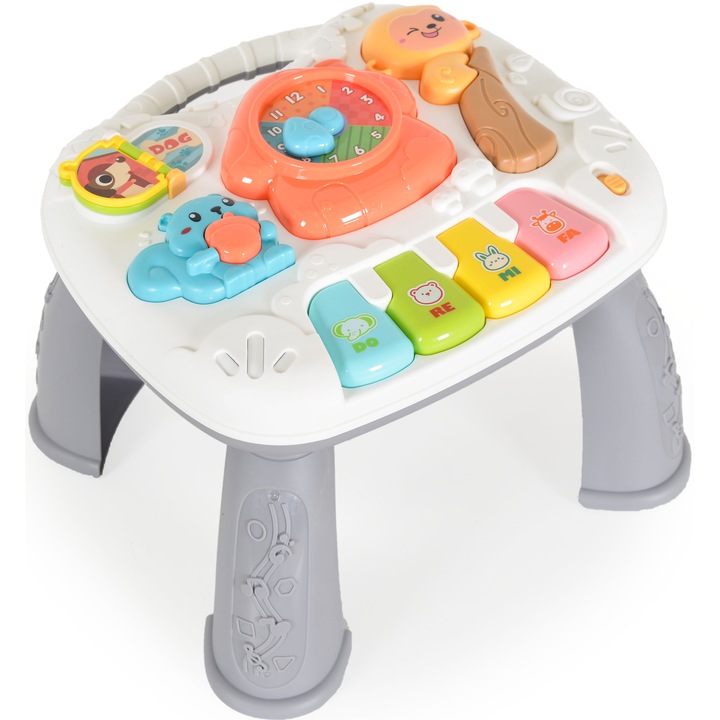 Masuta de Activitati Multifunctionala si Educationala HappyPiano™ Sunete si Lumini, Taste Muzicale, Ceas Rotativ, Doua Moduri de Joaca/Picioare Detasabile, Animalute Vesele, Multicolor