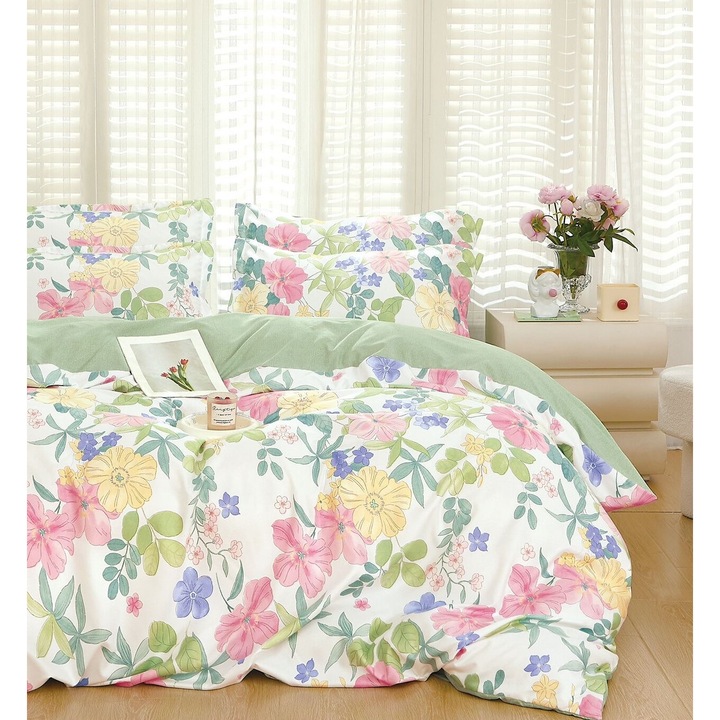 Lenjerie de pat dublu, 2 persoane, Finet, 6 Piese, Cearceaf de pat 240 x 250 cm, Cearceaf pilota 200 x 230 cm, 2 fete de perna 70 x 70 cm, 2 fete de perna 55 x 75cm, Multicolori, H100